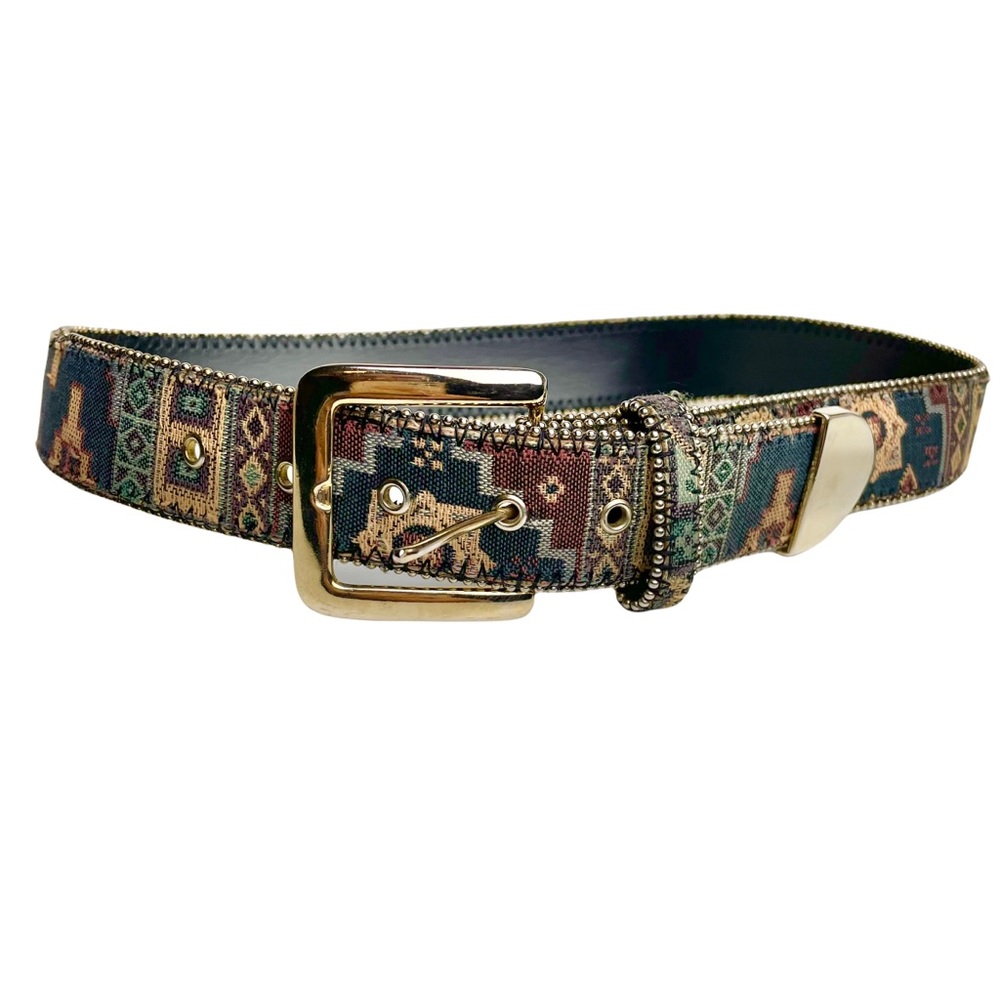 Vintage Belt Boho Small Aztec Textile Bonded Leather Southwestern Woven